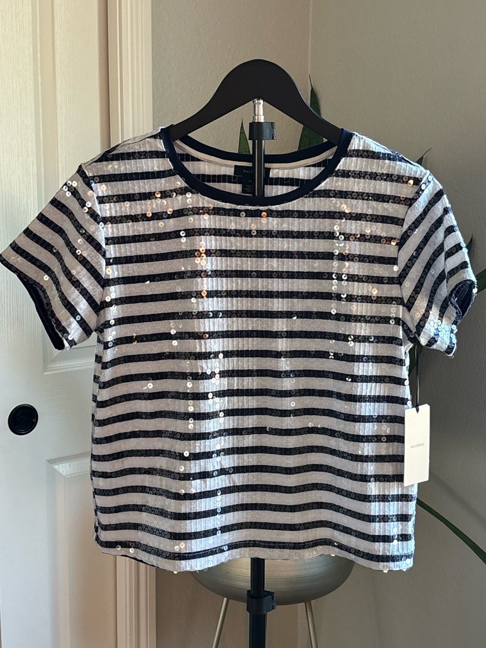 Halogen Black and White Striped Sequin Short Sleeve Top